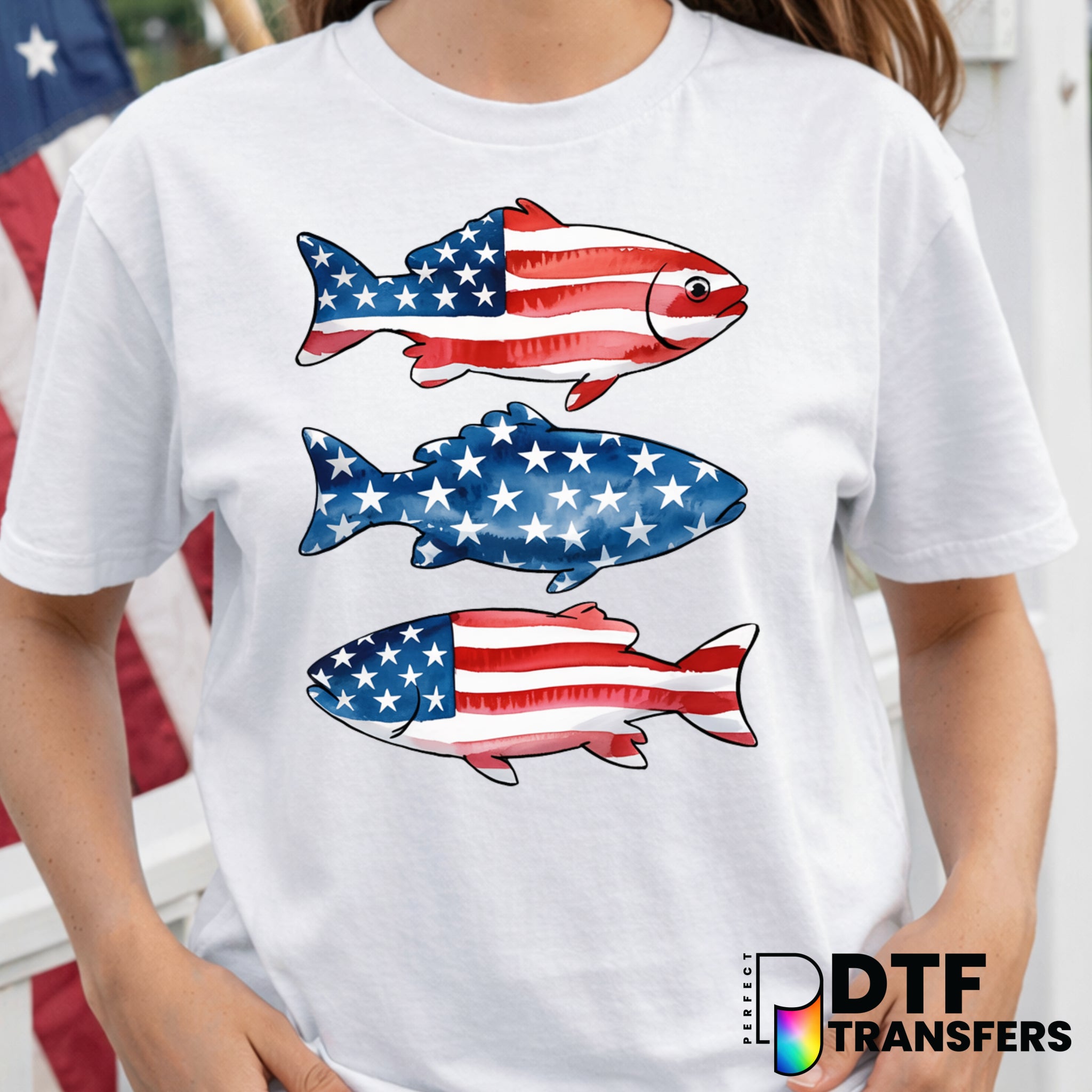 Patriotic American Flag Fish Stack – Fourth of July DTF Transfer