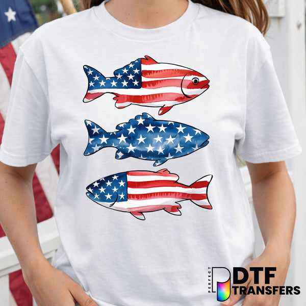 Patriotic American Flag Fish Stack – Fourth of July DTF Transfer