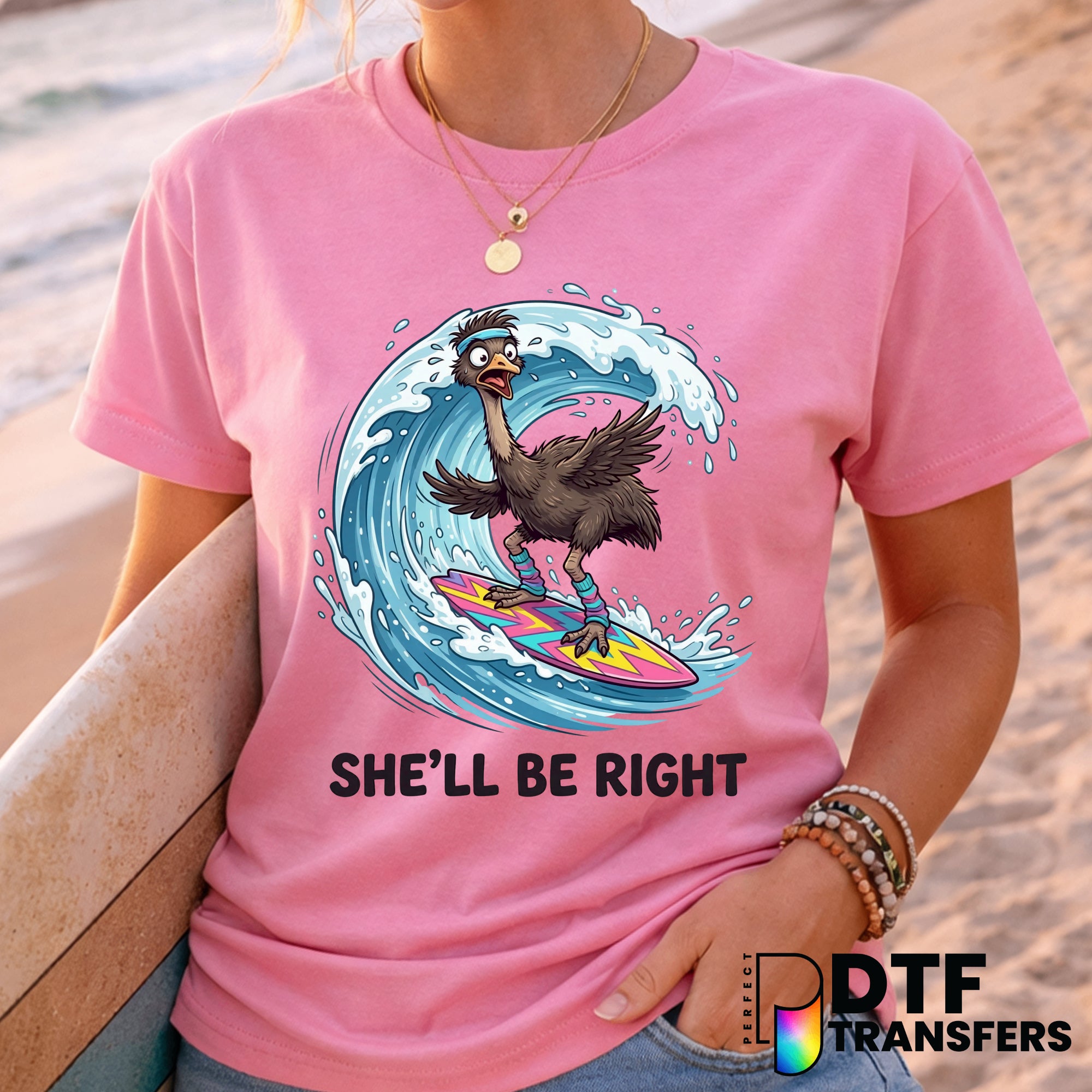 She'll Be Alright Funny Ostrich Surfing – DTF Transfer