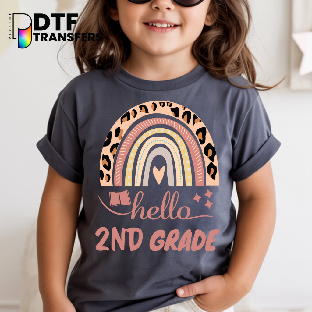 "Hello Second Grade" Pink Leopard Rainbow – Teacher DTF Transfer
