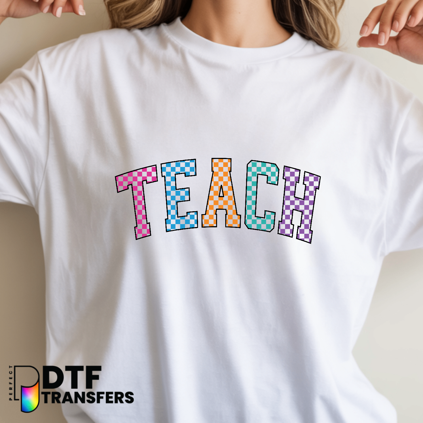 TEACH" Checkered Apple & Pencil – Teacher DTF Transfer