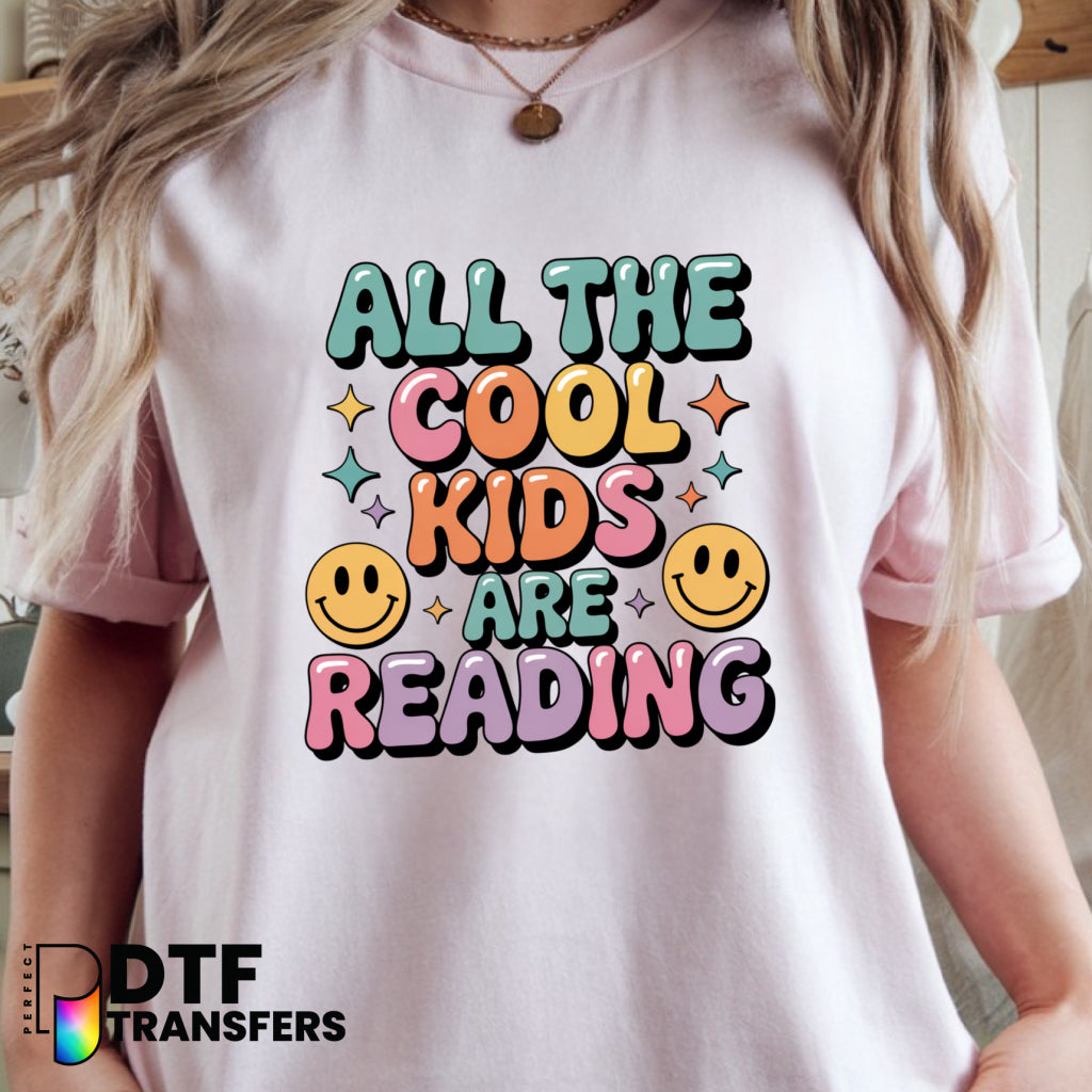All The Cool Kids Are Reading" & "Reading" with Books & Glasses – Teacher DTF Transfer
