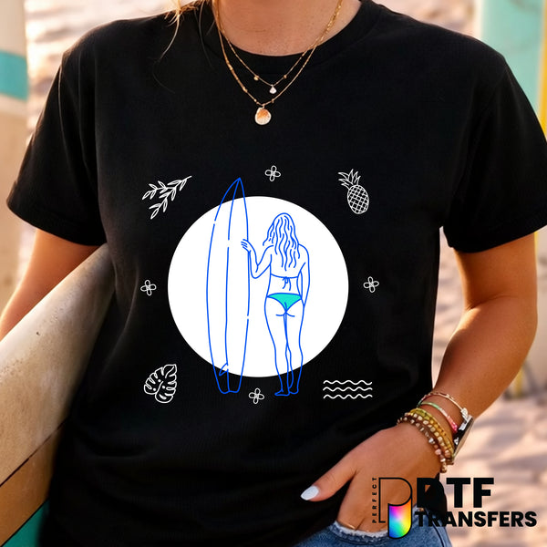 Woman Surfer with Surfboard – Surfing DTF Transfer