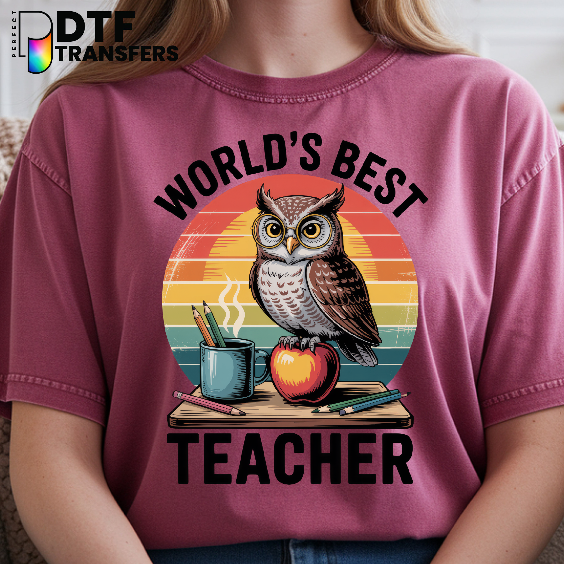 "World's Best Teacher" Owl & Books – Teacher DTF Transfer