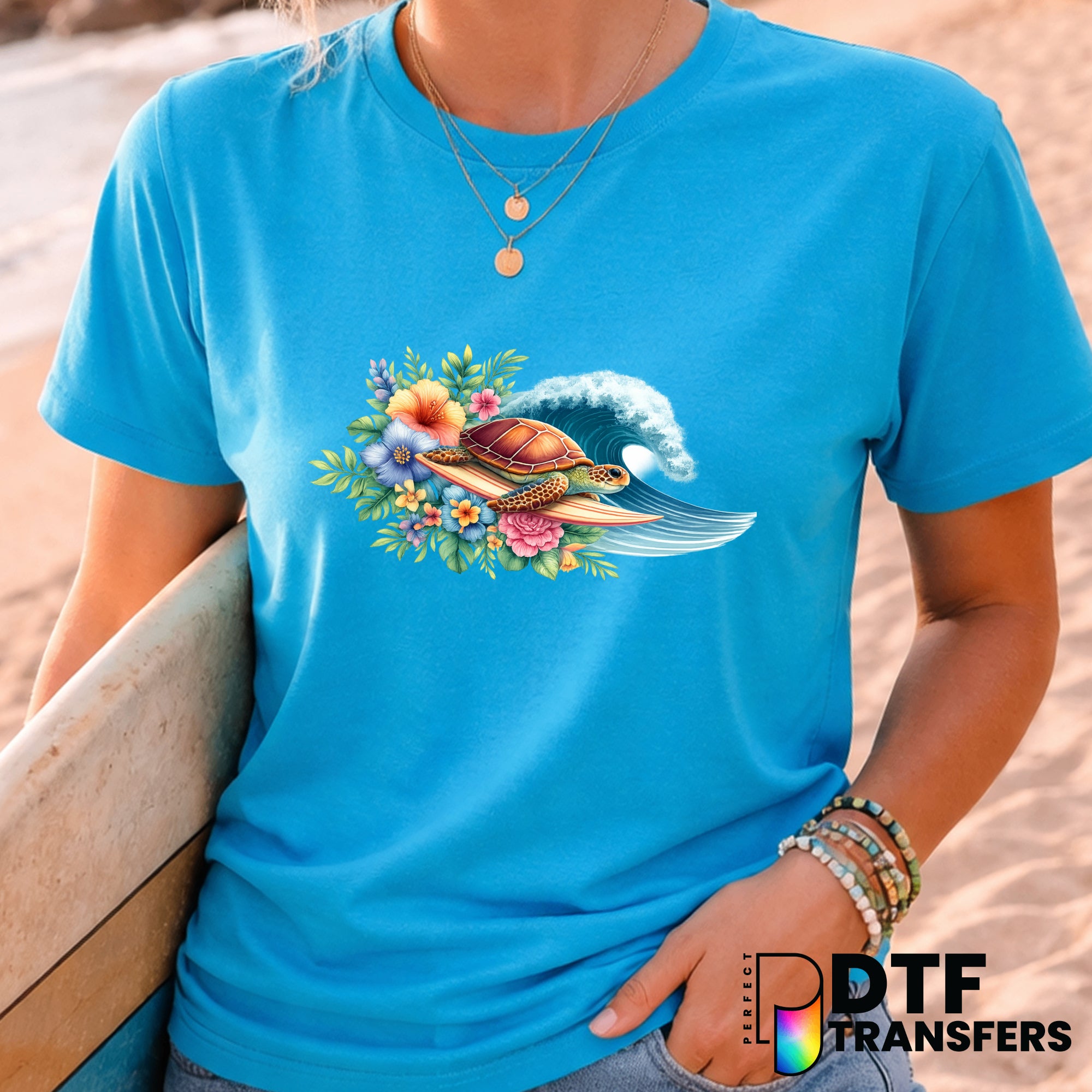 Surfing Turtle with Tropical Florals – Surfing DTF Transfer