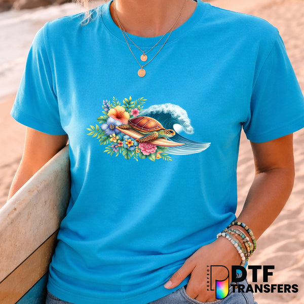 Surfing Turtle with Tropical Florals – Surfing DTF Transfer