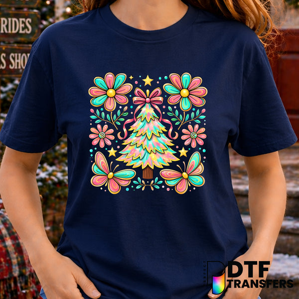 Floral Christmas Tree Butterflies – Christmas DTF Transfer