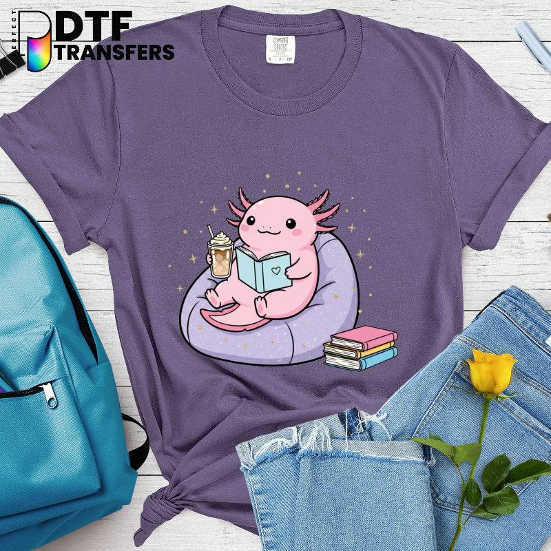 Cute Bookish Axolotl Reading Book – Teacher Classroom DTF Transfer