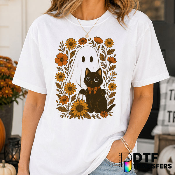 Floral Retro Ghost with Black Cat – Halloween DTF Transfer