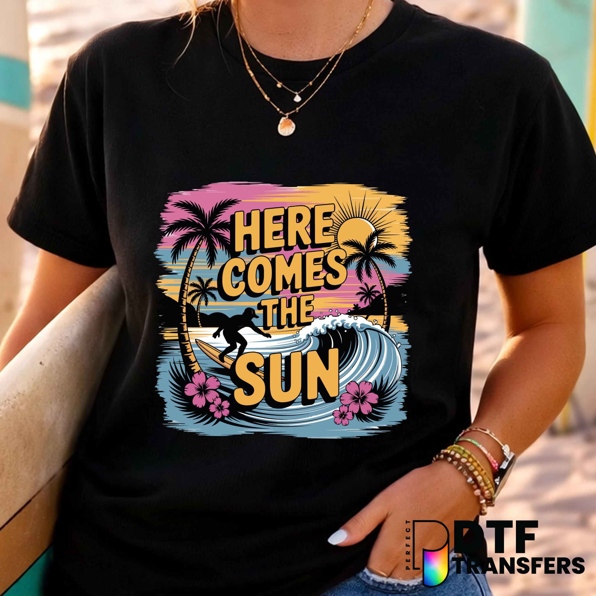 HERE COMES THE SUN SUMMER SURFING SUNSET – Surfing DTF Transfer