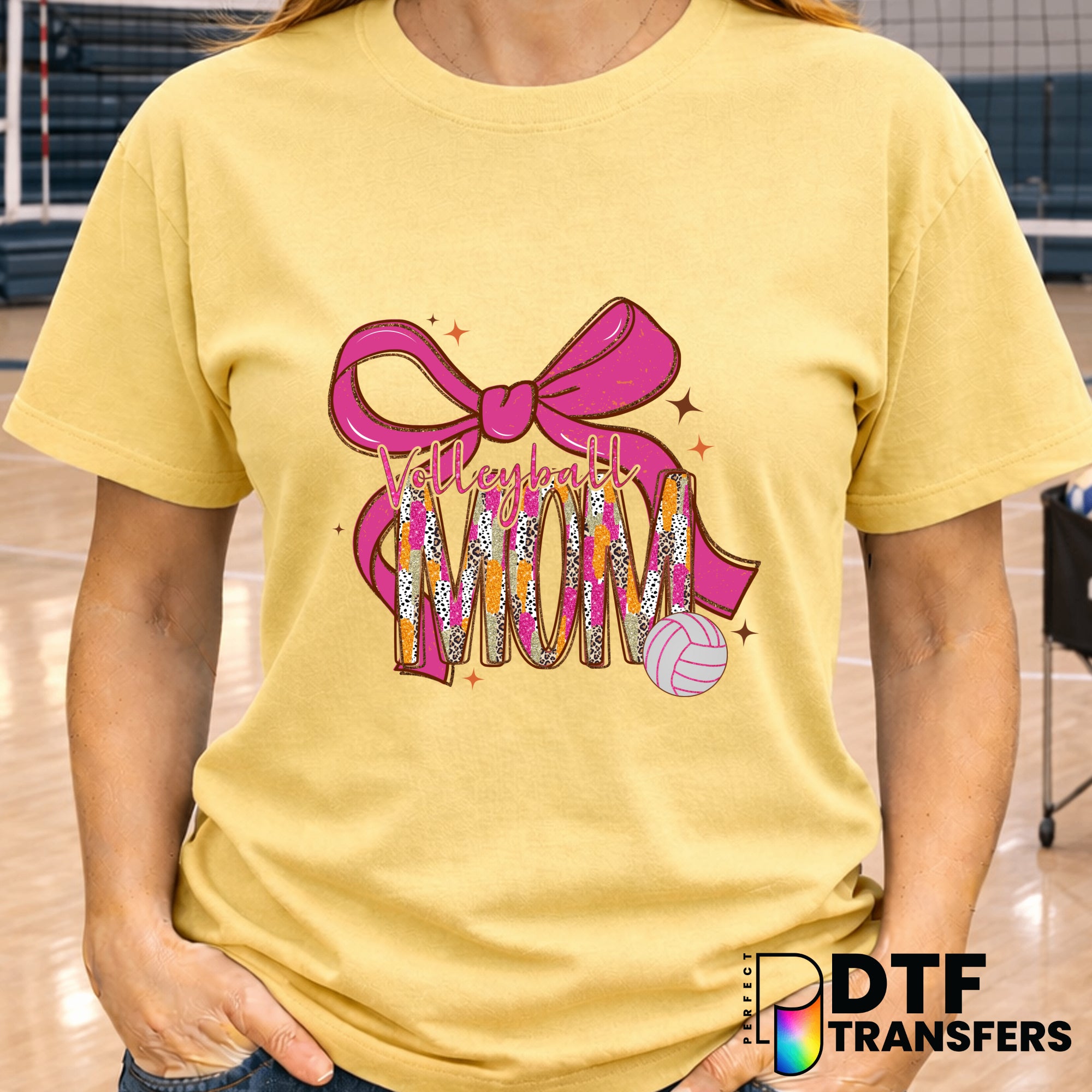 Pink and Orange Preppy Leopard Glitter Volleyball Mom – DTF Transfer