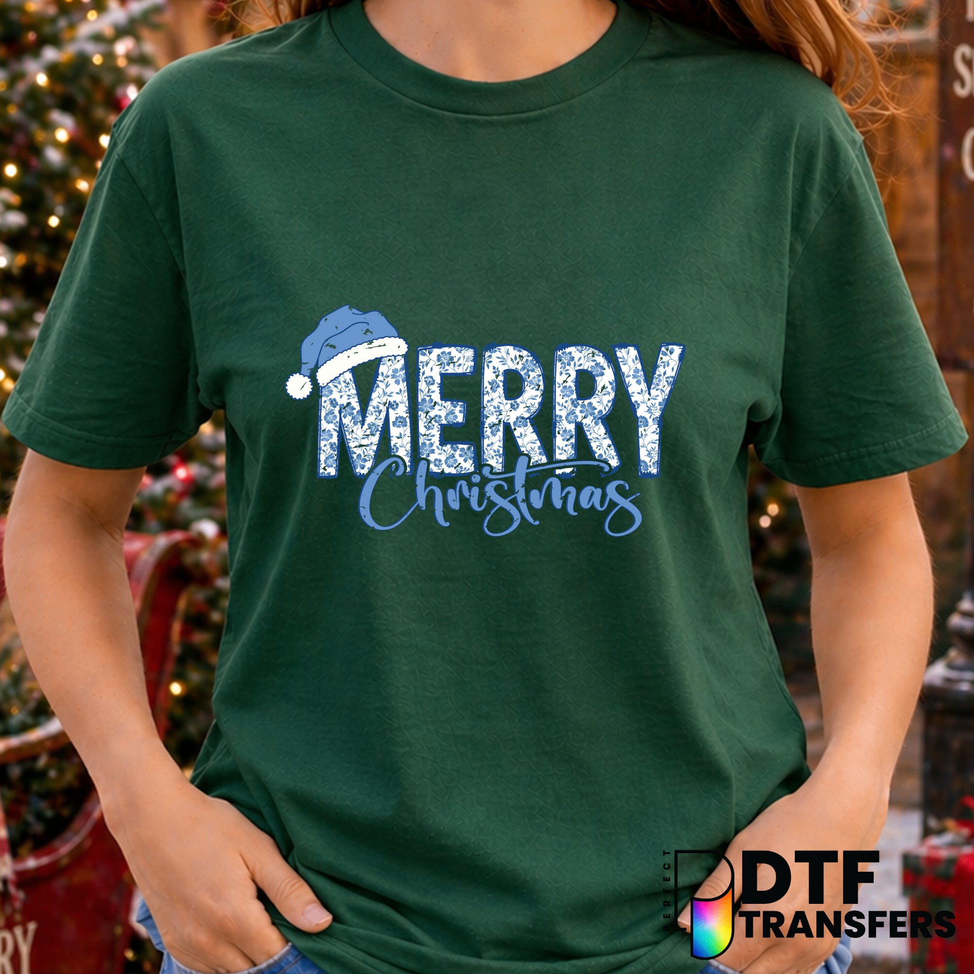 Merry Christmas Script Chinoiserie – Christmas DTF Transfer