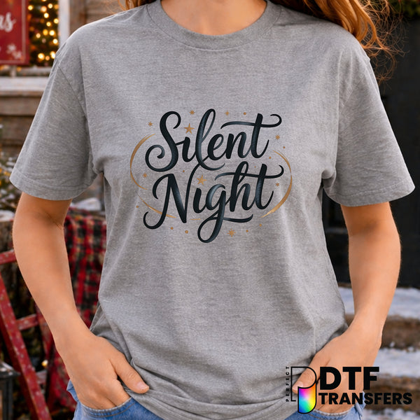 Silent Night Black Gold Glitter Stars – Christmas DTF Transfer