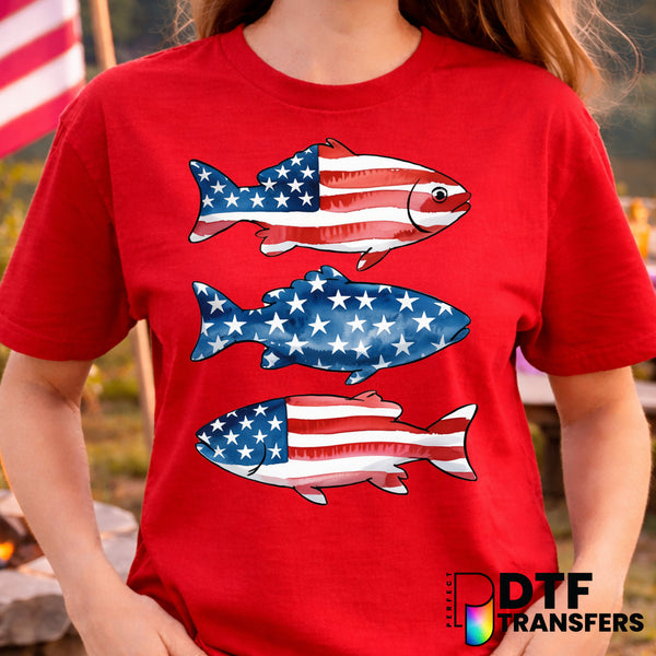 Patriotic American Flag Fish Stack – Fourth of July DTF Transfer