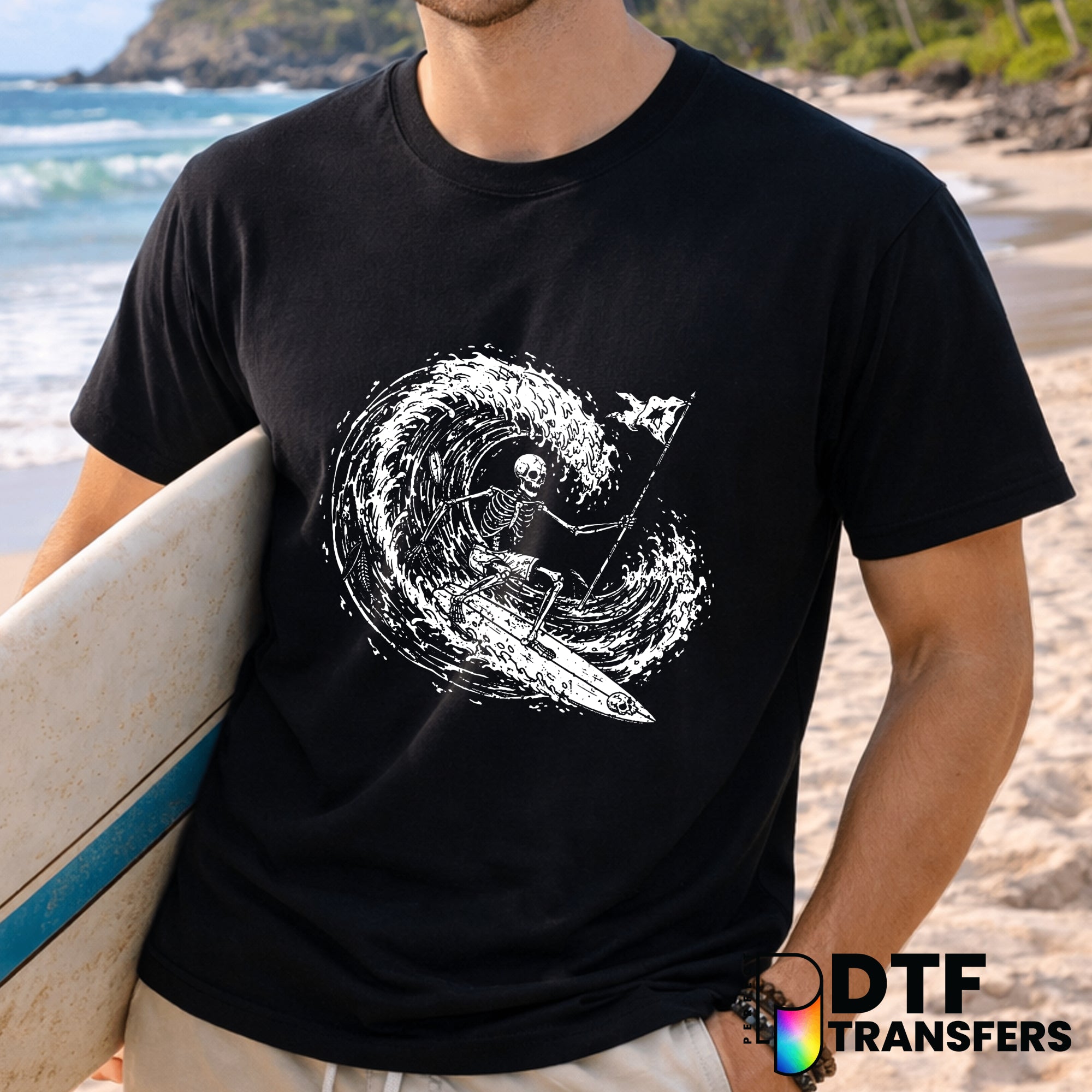 Distressed Skeleton Surfer Flag Wave – Surfing DTF Transfer