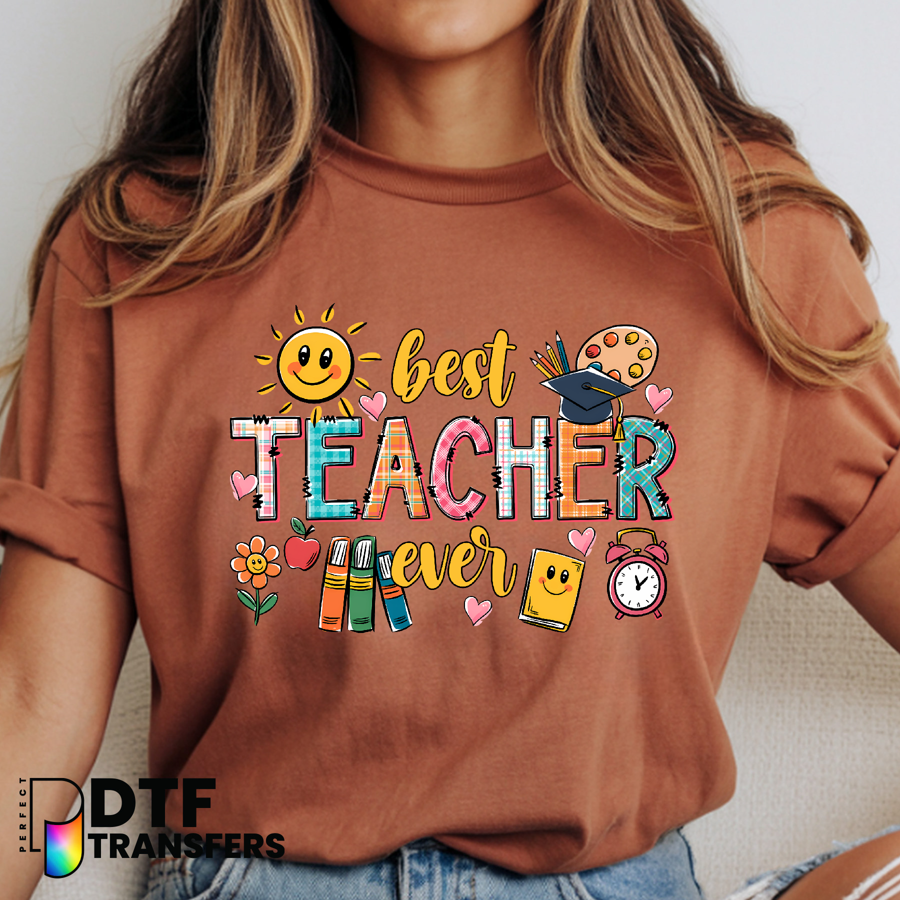 Sunshine Best Teacher Ever with School Supplies – Teacher DTF Transfer