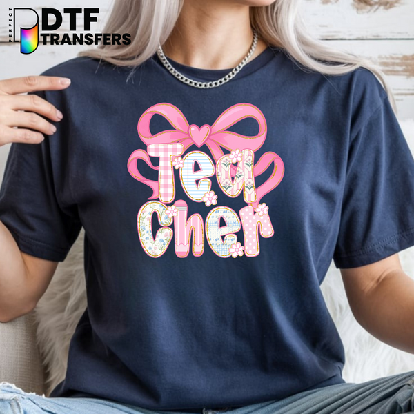 LOVE Pink Heart Bow – Teacher DTF Transfer