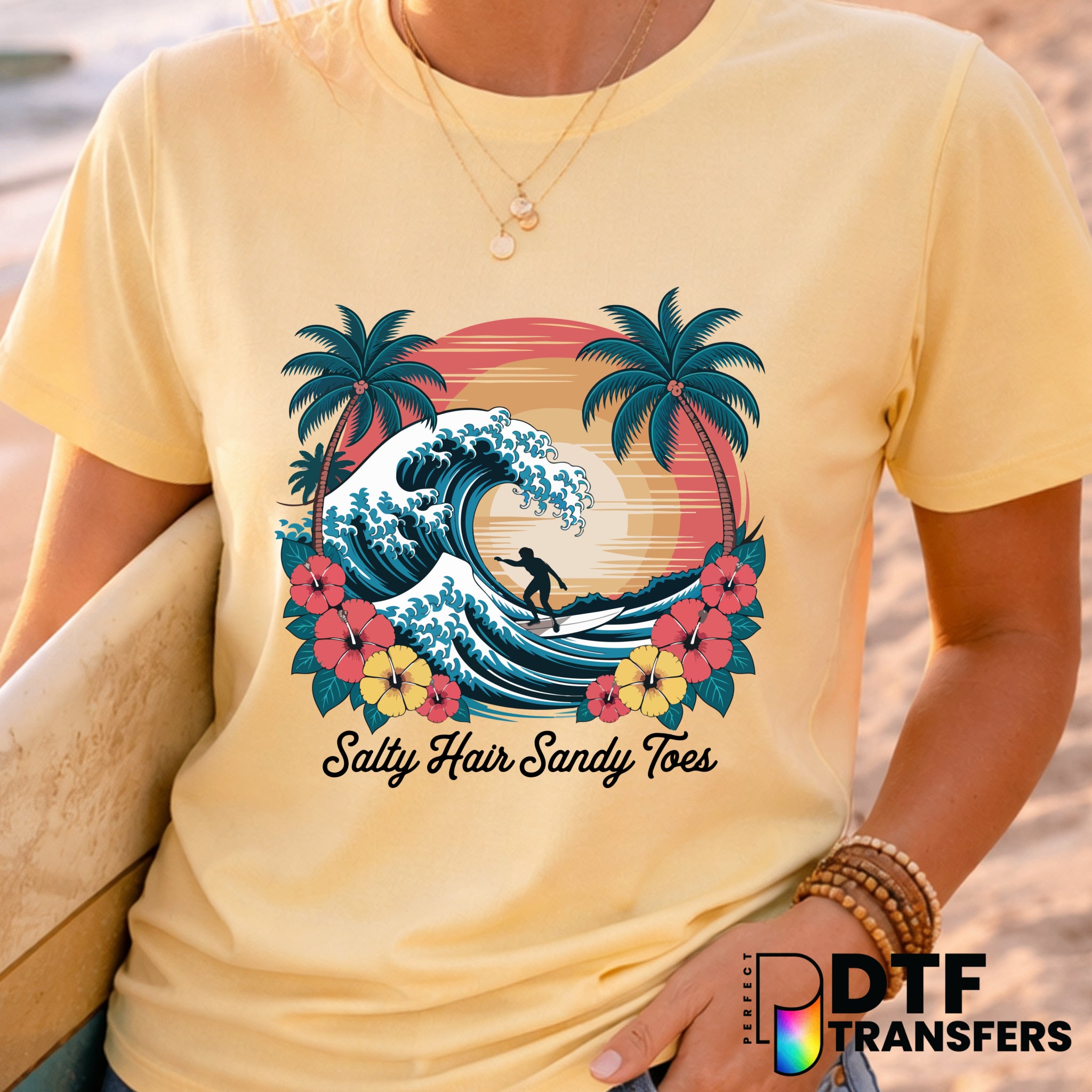 Salty Hair Sandy Toes Summer Sunset – Surfing DTF Transfer