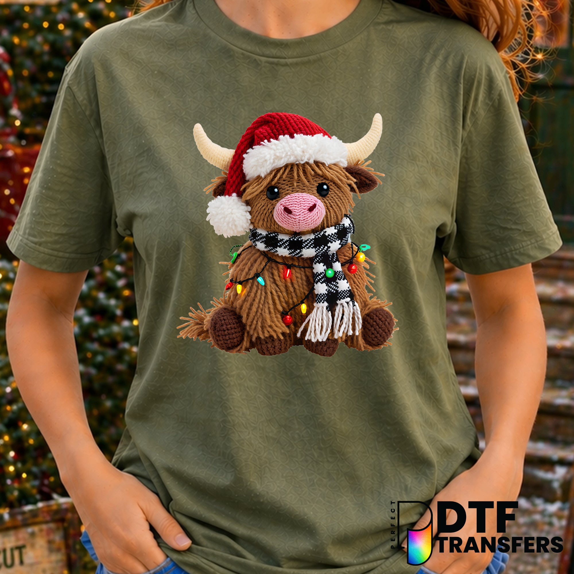 Faux Knit Highland Cow Christmas Lights Santa Hat – Christmas DTF Transfer