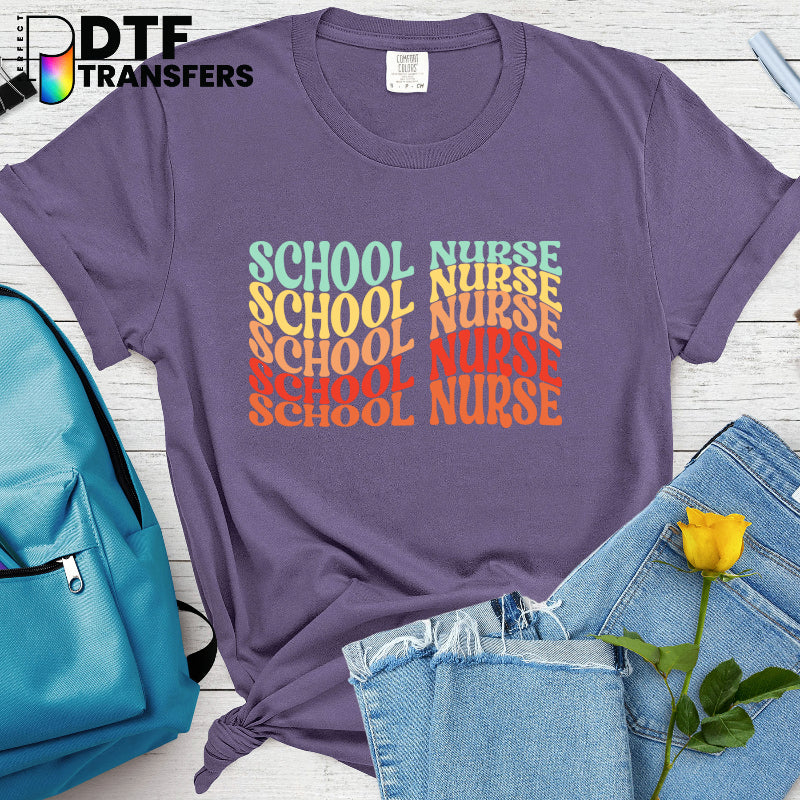 Retro Rainbow Wavy 'School Nurse' Text – School Nurse DTF Transfer