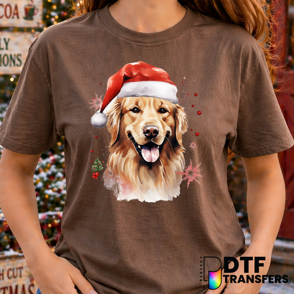 Golden Retriever with Santa Hat – Christmas DTF Transfer