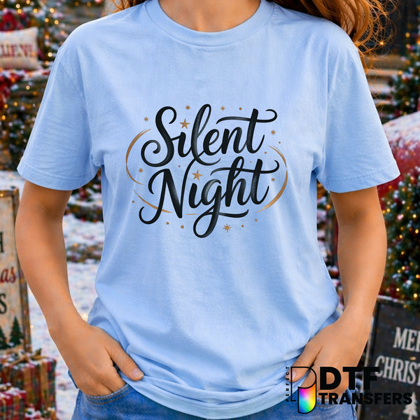 Silent Night Black Gold Glitter Stars – Christmas DTF Transfer