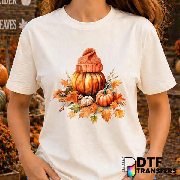 Pumpkin Beanie & Leaves – Thanksgiving DTF Transfer