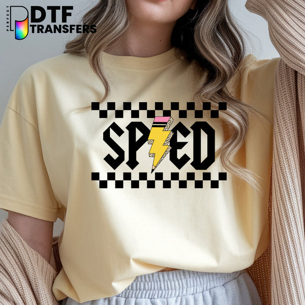 SPED Retro Checkered Pencil Lightning – Special Education DTF Transfer