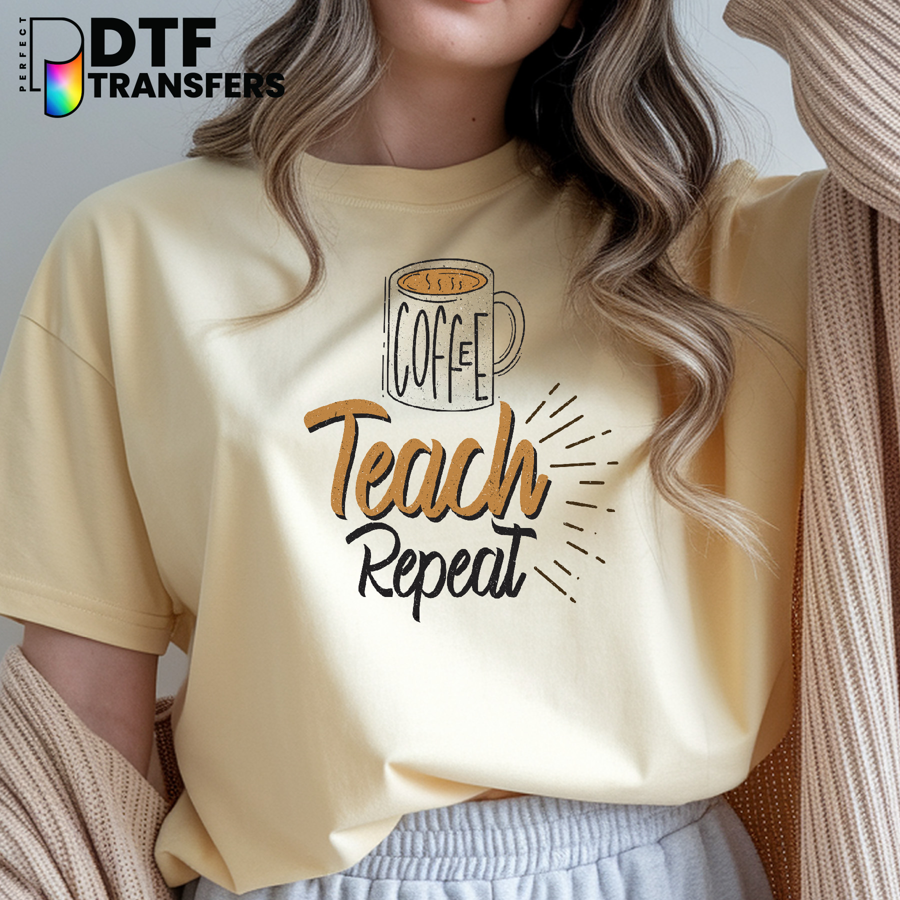 Coffee Teach Repeat Teacher – Teacher DTF Transfer
