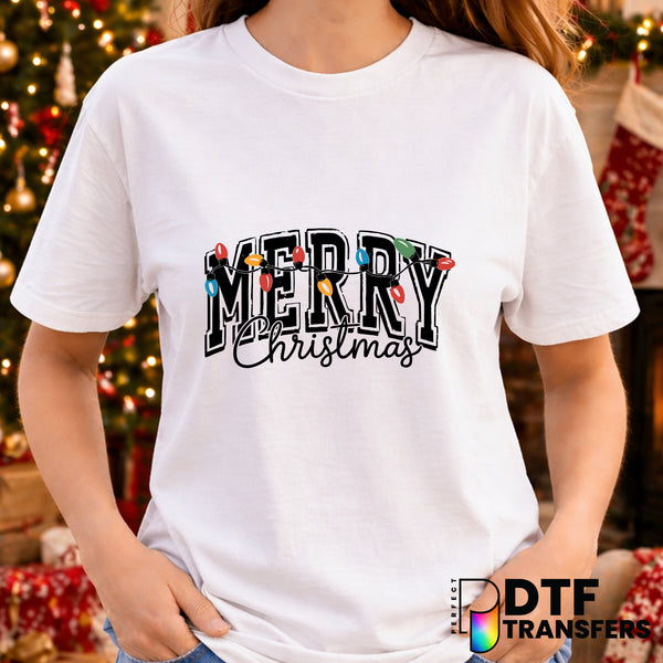 Merry Christmas Lights Varsity Grunge – Christmas DTF Transfer