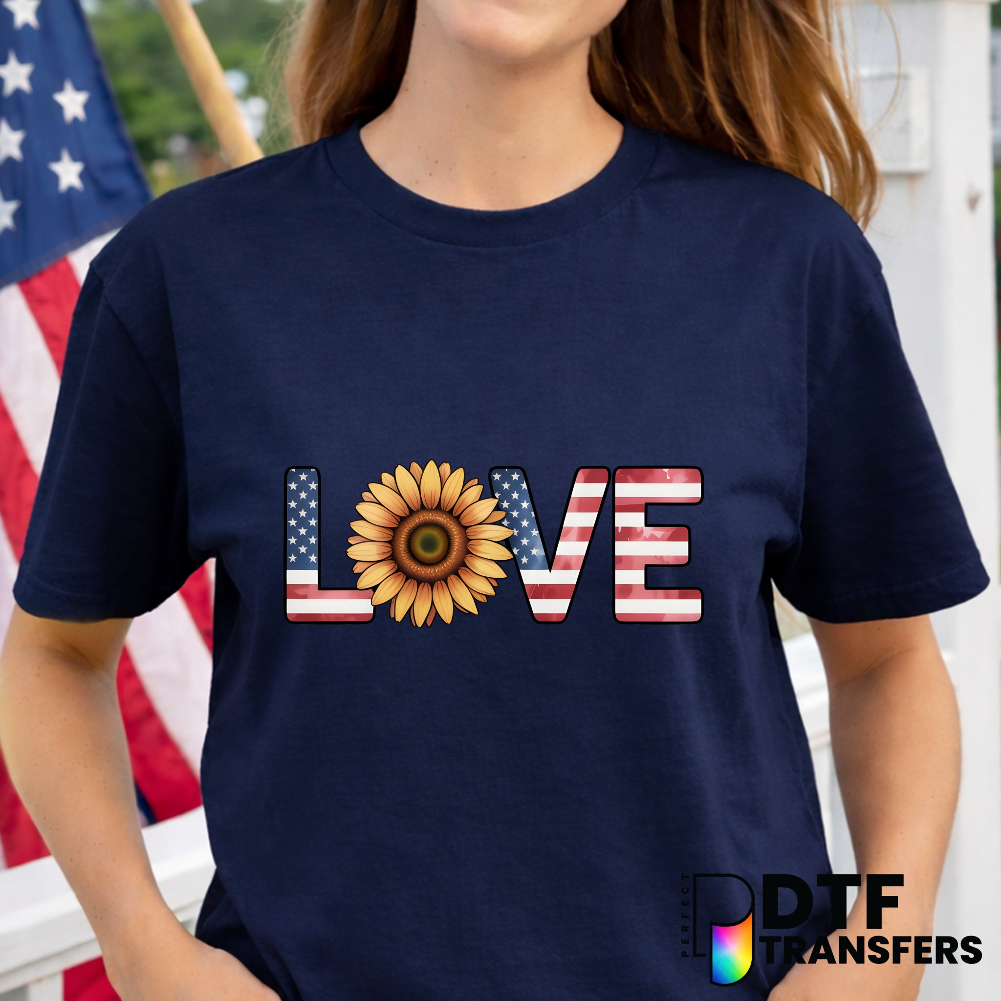 LOVE Sunflower American Flag – Fourth of July DTF Transfer