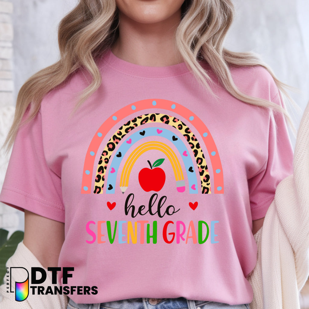 Hello Seventh Grade Leopard Rainbow – Teacher DTF Transfer