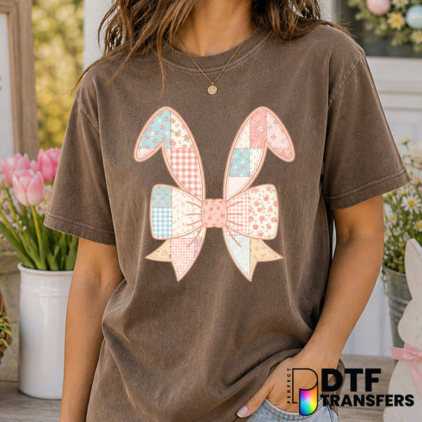 Faux Patchworks Floral Bow Coquette Easter Bunny Ears – Easter DTF Transfer