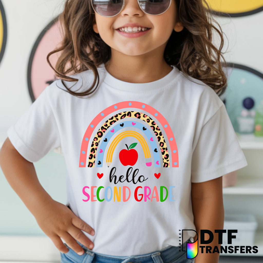 Hello Second Grade Leopard Rainbow School Icons – Teacher DTF Transfer