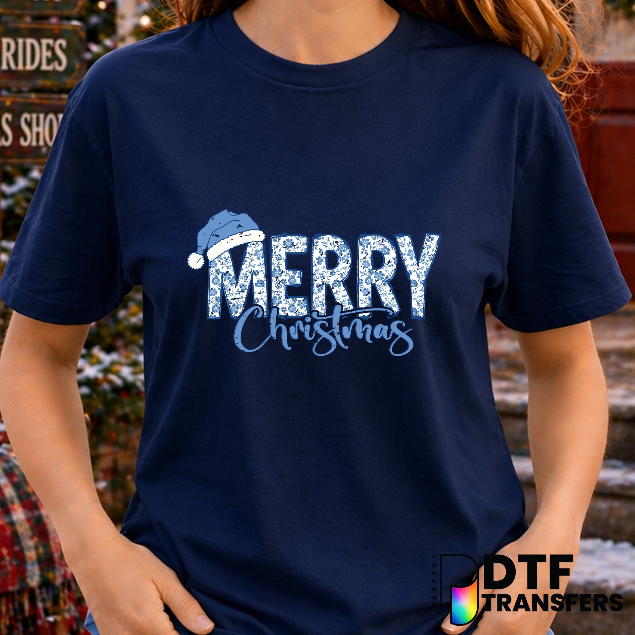 Merry Christmas Script Chinoiserie – Christmas DTF Transfer