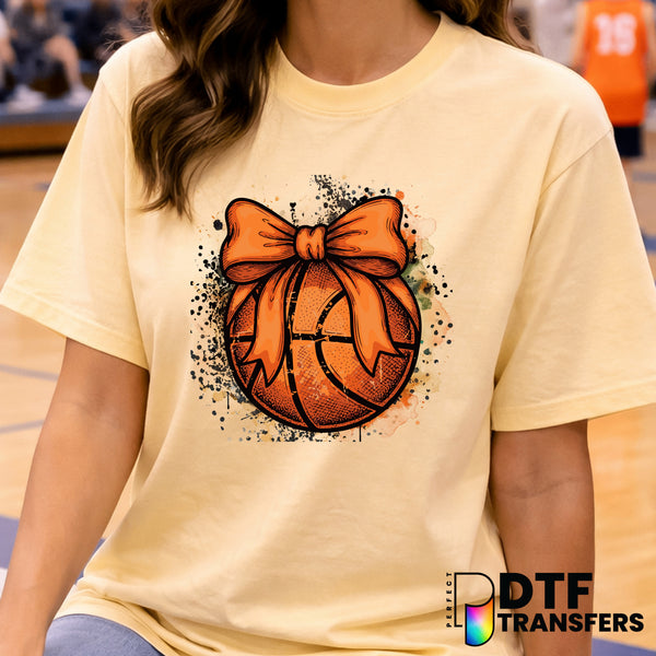 Grunge Basketball with Orange Bow – DTF Transfer