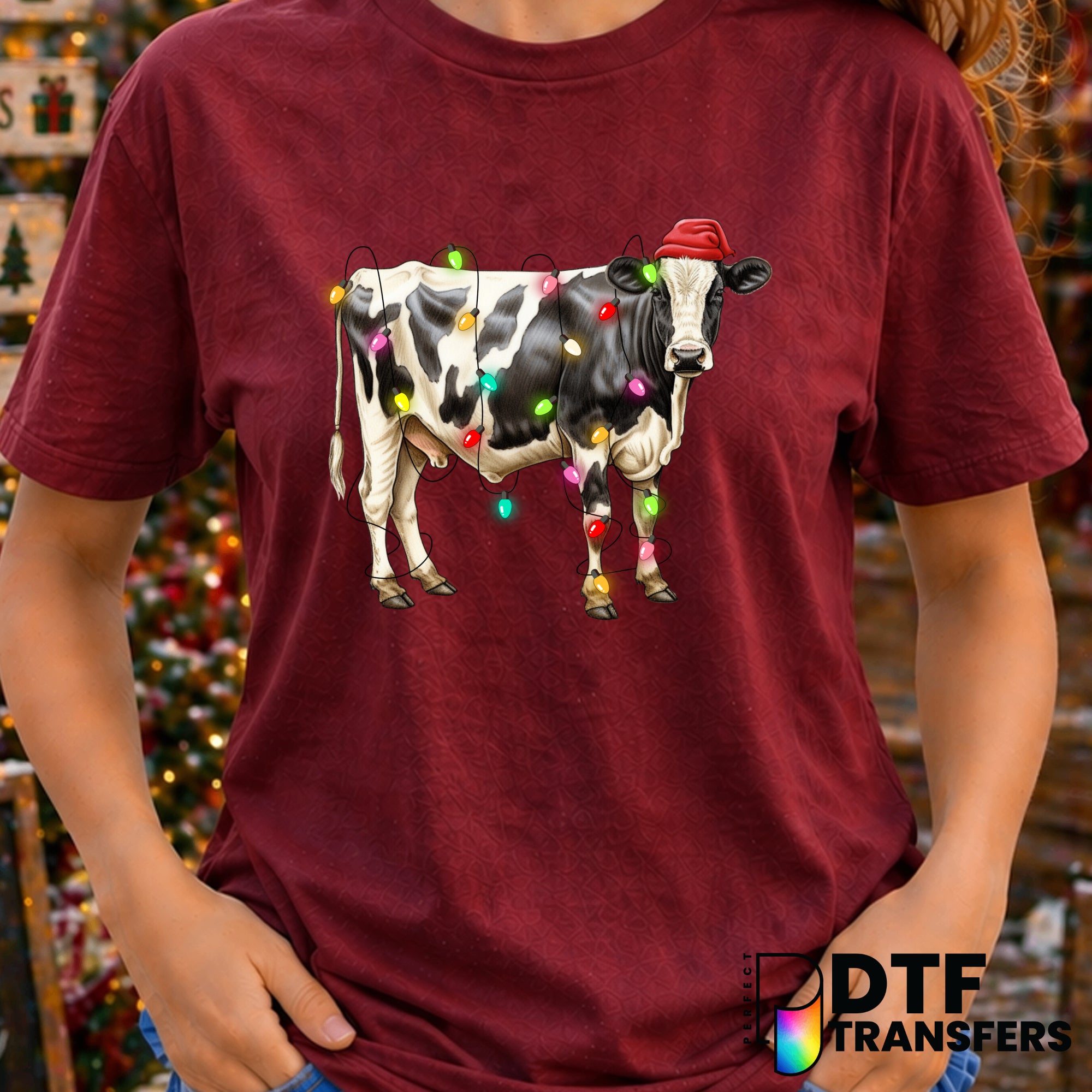 Christmas Cow with Santa Hat and Lights – Christmas DTF Transfer