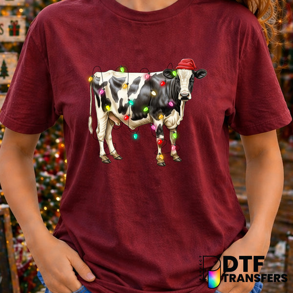 Christmas Cow with Santa Hat and Lights – Christmas DTF Transfer