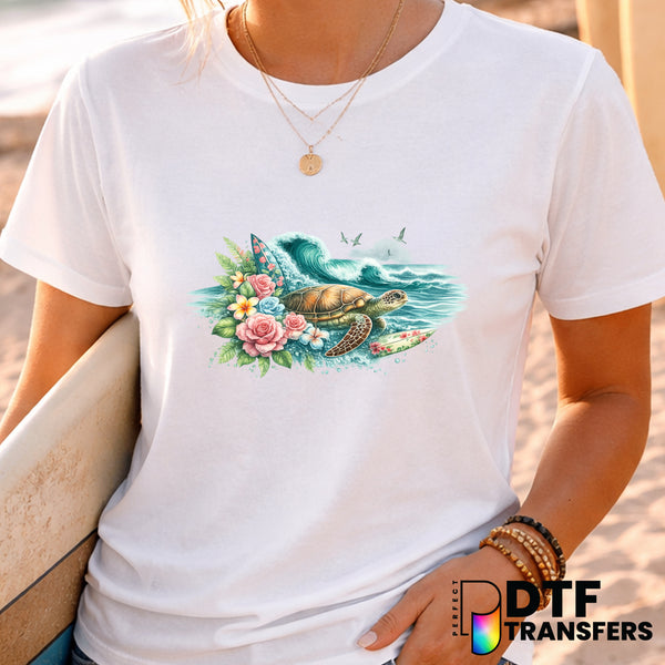 Retro Floral Surf Turtle with Surfboards – Surfing DTF Transfer