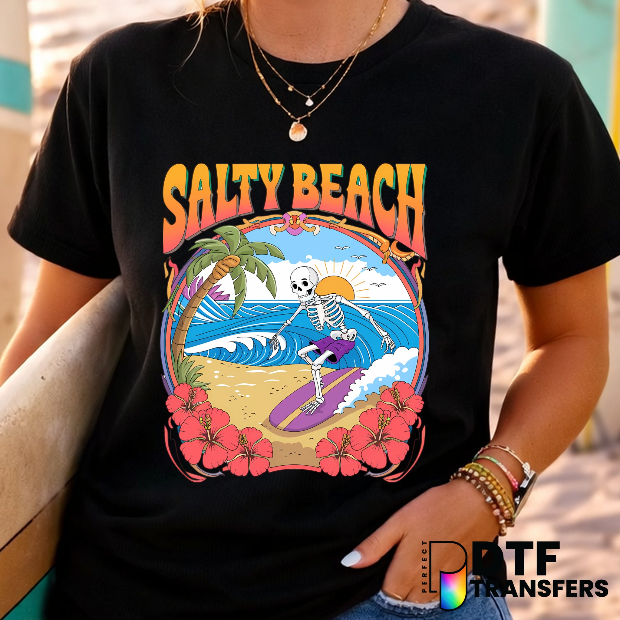 Salty Beach Skeleton Surfing – Surfing DTF Transfer