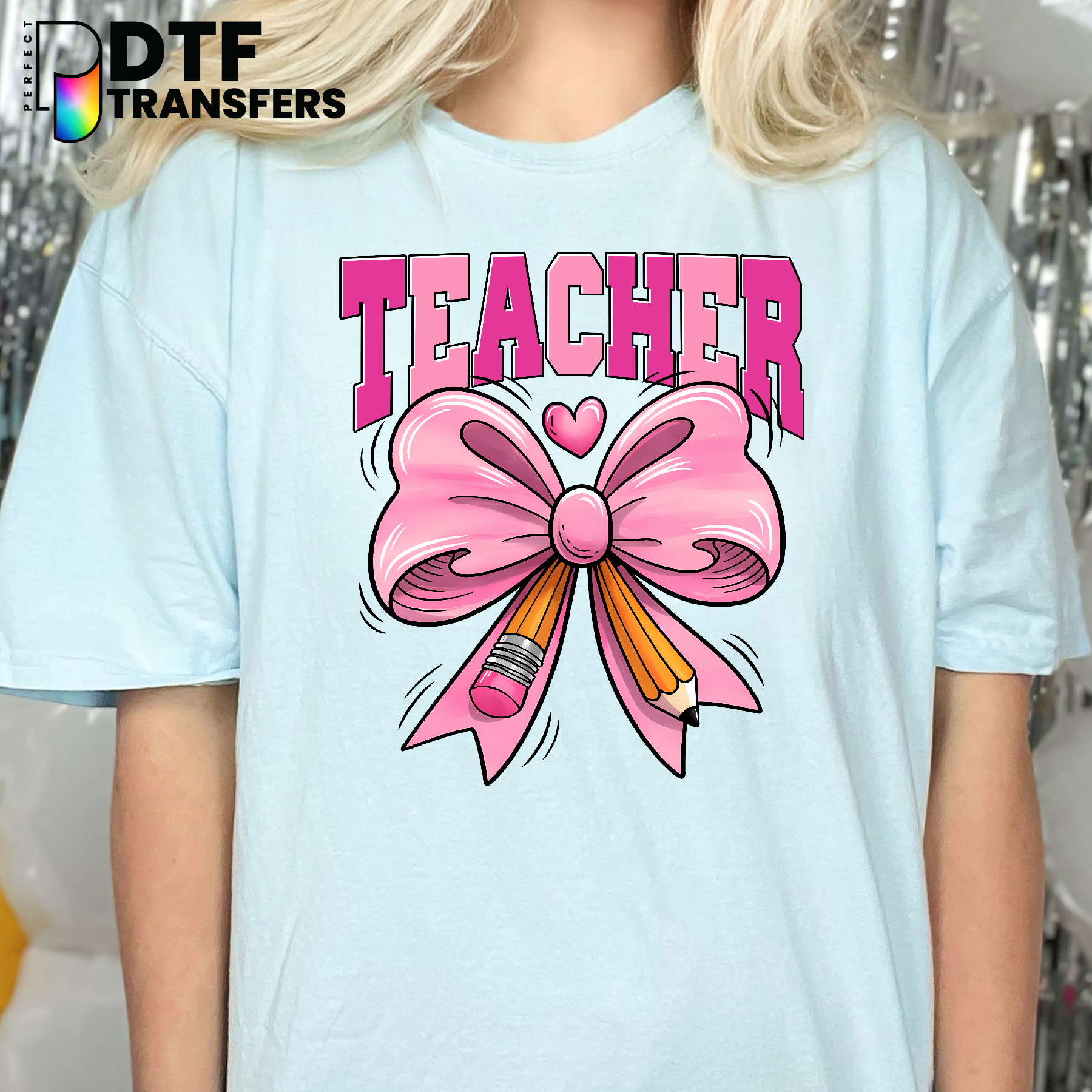 Pink Bow Pencil with Heart and Stars – Teacher DTF Transfer