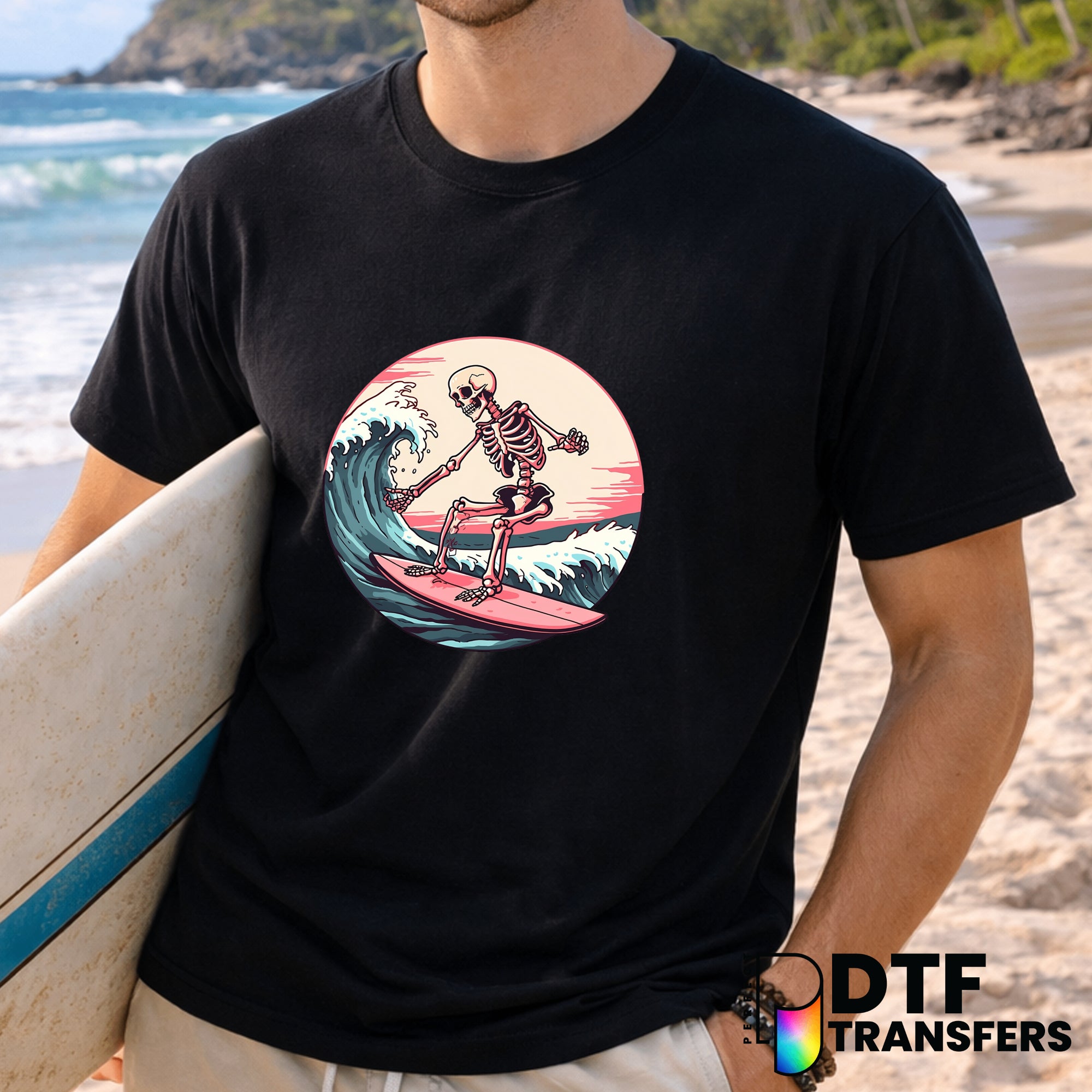 Pink Sunset Skeleton Surfer – Surfing DTF Transfer