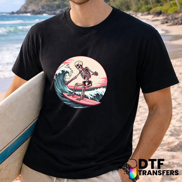 Pink Sunset Skeleton Surfer – Surfing DTF Transfer