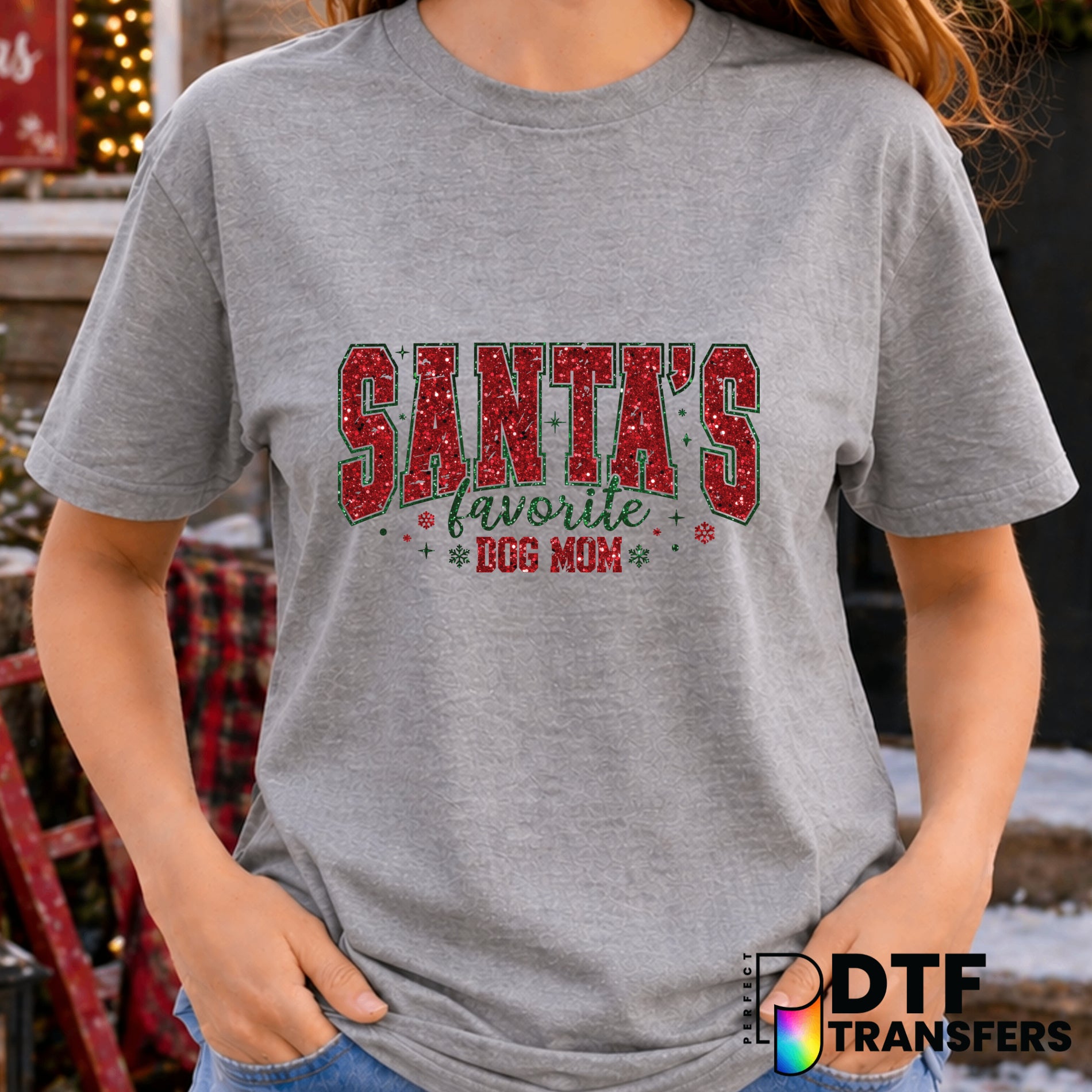 Santa's Favorite Dog Mom Faux Glitter – Christmas DTF Transfer