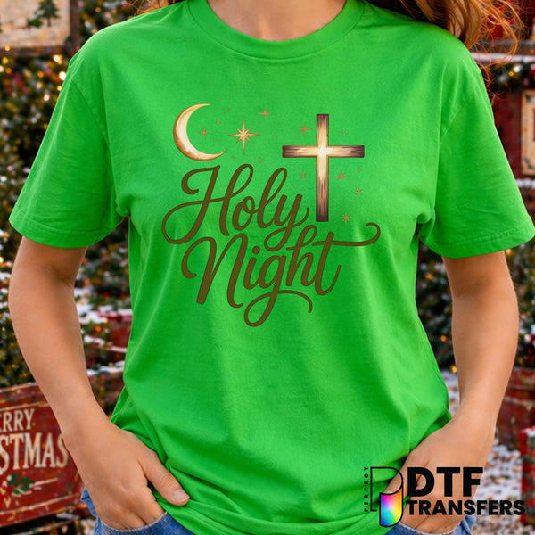 Holy Night Script Religious Cross Moon and Stars – Christmas DTF Transfer