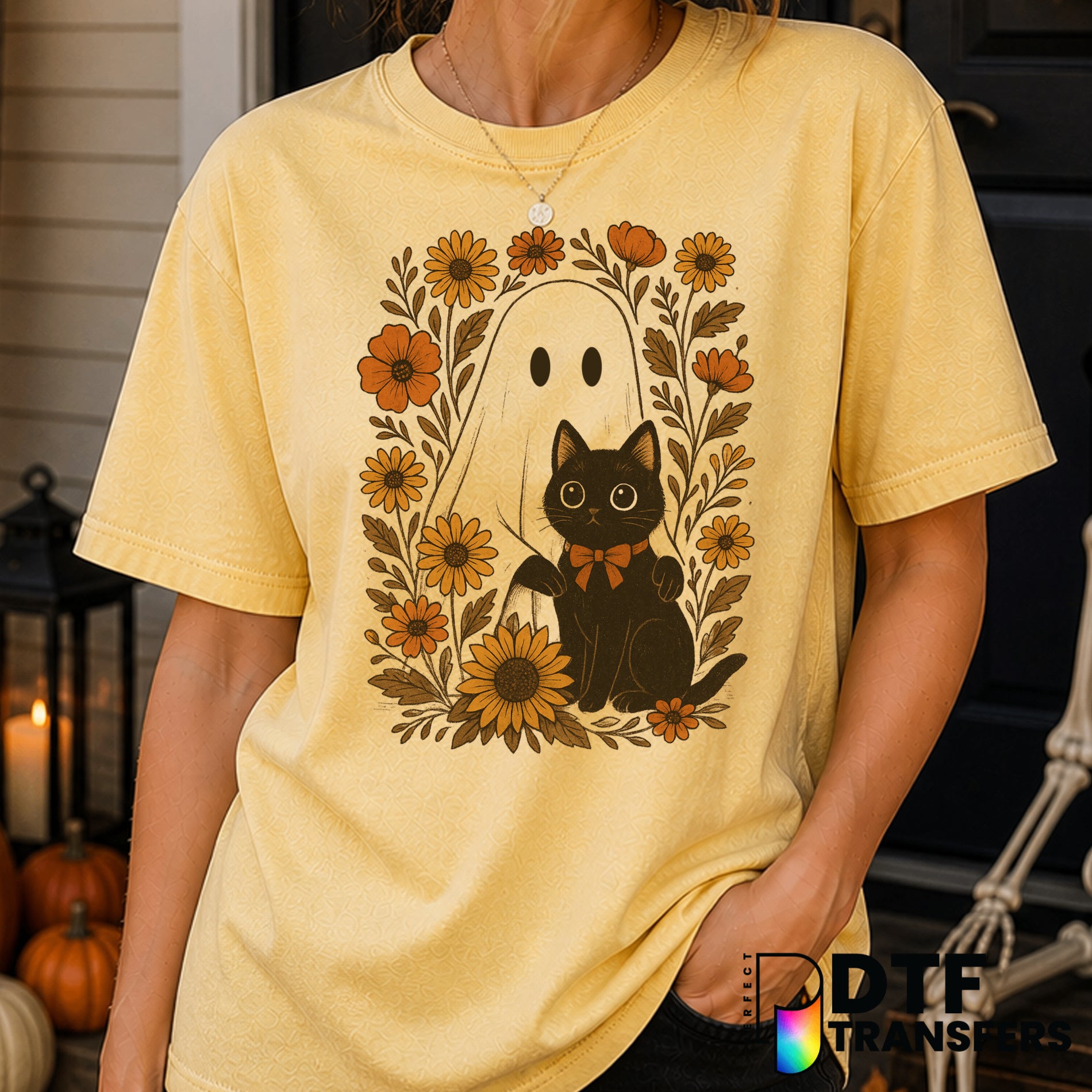 Floral Retro Ghost with Black Cat – Halloween DTF Transfer