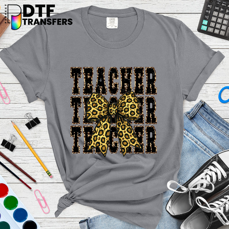 'Teacher' Leopard Print Bow – Teacher DTF Transfer