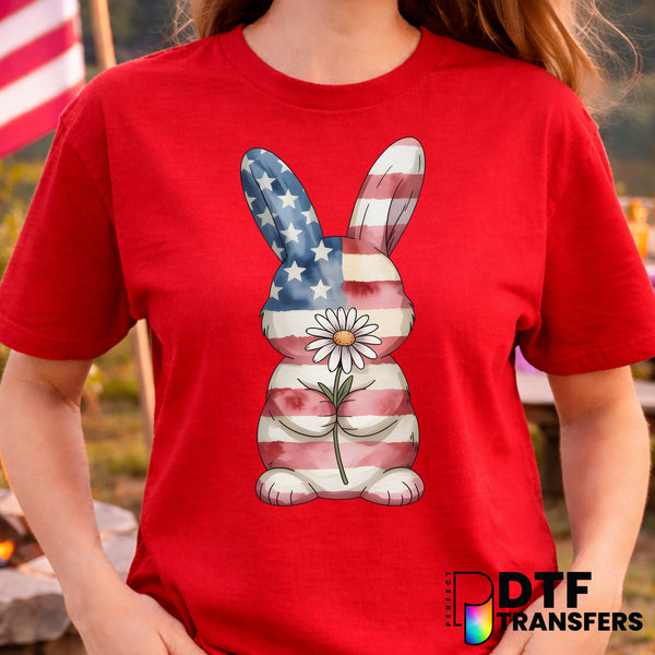Patriotic Bunny with American Flag – Fourth of July DTF Transfer