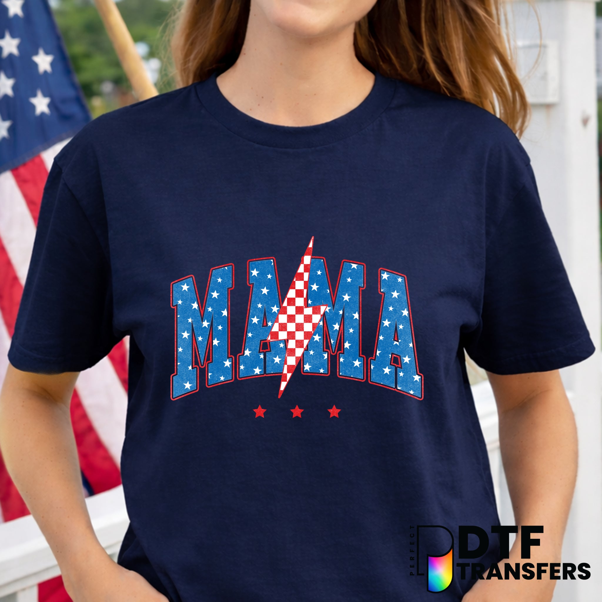 Mama Varsity Arch Lightning Bolt – Fourth of July DTF Transfer