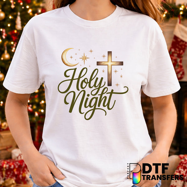 Holy Night Script Religious Cross Moon and Stars – Christmas DTF Transfer